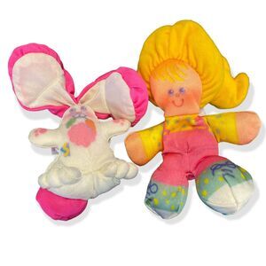 Smooshees Plush Doll set of 2 Soft dolls Fisher Price vtg 80s Girl Bunny Rabbit